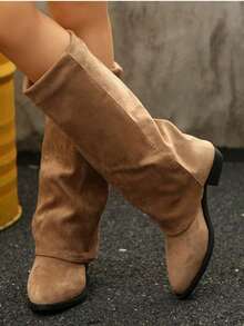 Suede Knee-High Boots For Autumn/Winter, French Style With Chunky Heel And Pointed Toe. Ref 9002 - Beige - View 16