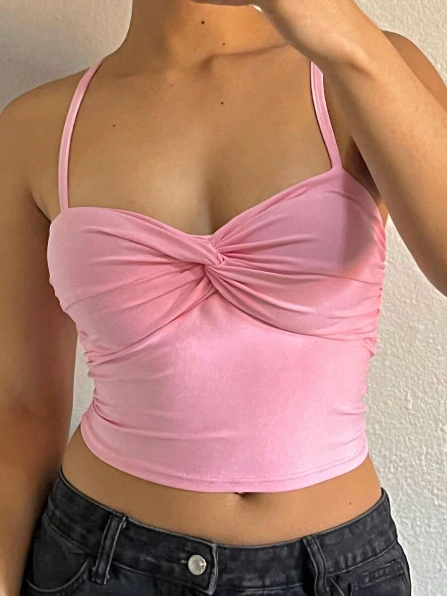 Cropped Top With Knot Detail, Padded Cups, And Crisscross Straps. - 淺粉色 - 查看 1
