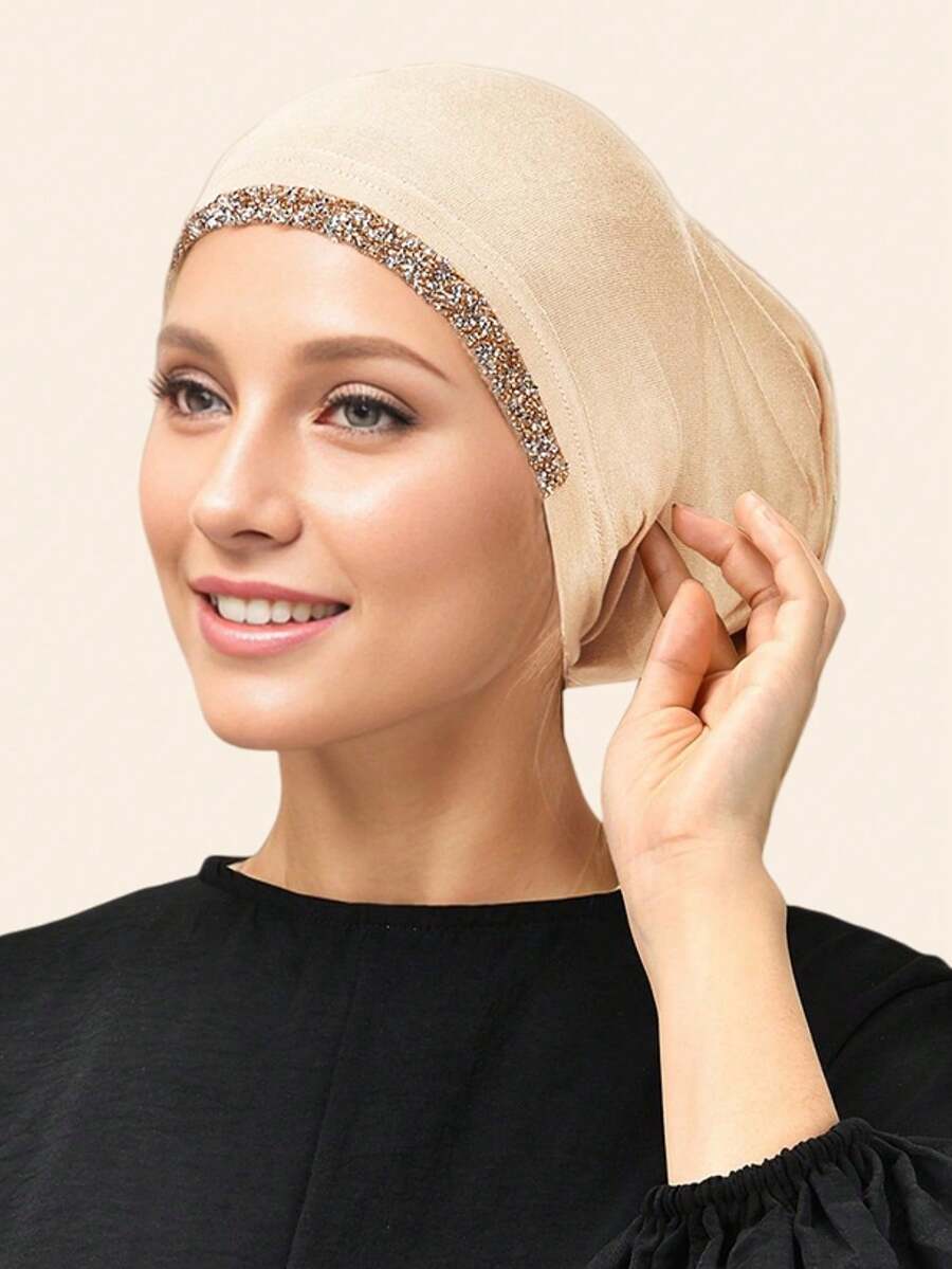 1件装女士时尚莫代尔面料精致水钻日常便捷头巾，马来西亚 - 絲光棉鑽帽多色 - 查看 1