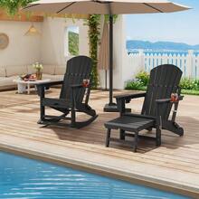 Silla Adirondack Balancín Exterior Plegable de HDPE Resistente a Intemperie, Sillón de Jardín con Reposapiés Retráctil y Portavasos, Mecedora de Terraza Ergonómica para Porche y Patio, Gris - Negro - Ver 2