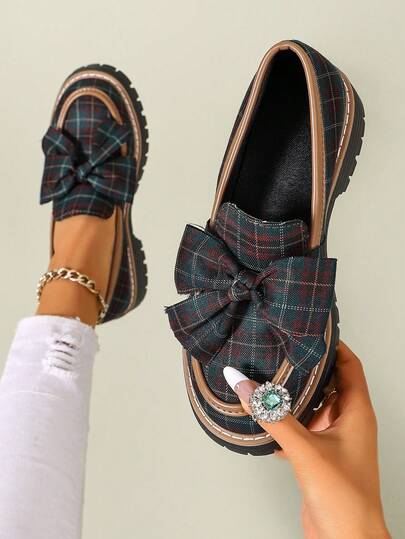 Women's Bow Tie Chunky Heel Loafers, Round Toe Thick Sole Low Chunky Heel Elegant Dress Shoes, Suitable For Daily, Business, School, Office Wear