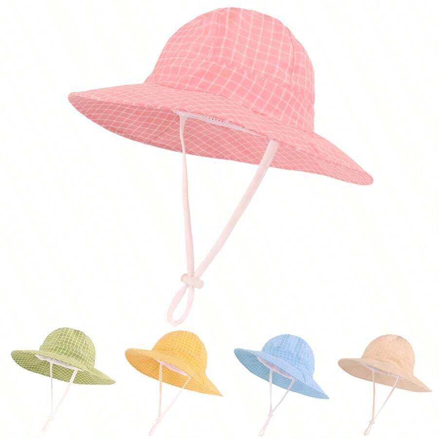 可调节婴儿儿童遮阳帽，男女通用夏季防紫外线宽檐帽，带下巴系带 - 泡泡紗格子六片帽 - 查看 1