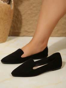 Wide Fit Spring/Autumn New Fashion Black Slip-On Shoes, Daily Wear Sweet Pointed Toe Flat Shoes, Size 36-43, Wide Fit Design For Women - Black Suede - View 5