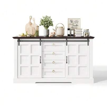 Sideboard Measuring 150 X 40 X 85 Cm With Storage Space, Sliding Doors, And Four Drawers. Country-Style Sideboard With Vintage Charm And Adjustable Shelves. Ideal For The Kitchen, Dining Room, And Living Room.