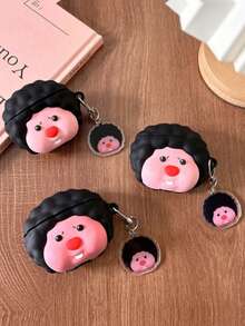 Cute Cartoon Hedgehog With Pendant Compatible With AirPods 1/2/3, Pro 1/2, Soft Silicone Protective Case, Creative Niche Anti-Drop Couples Earphone Box (Earphones Not Included) - Black and Pink - View 1