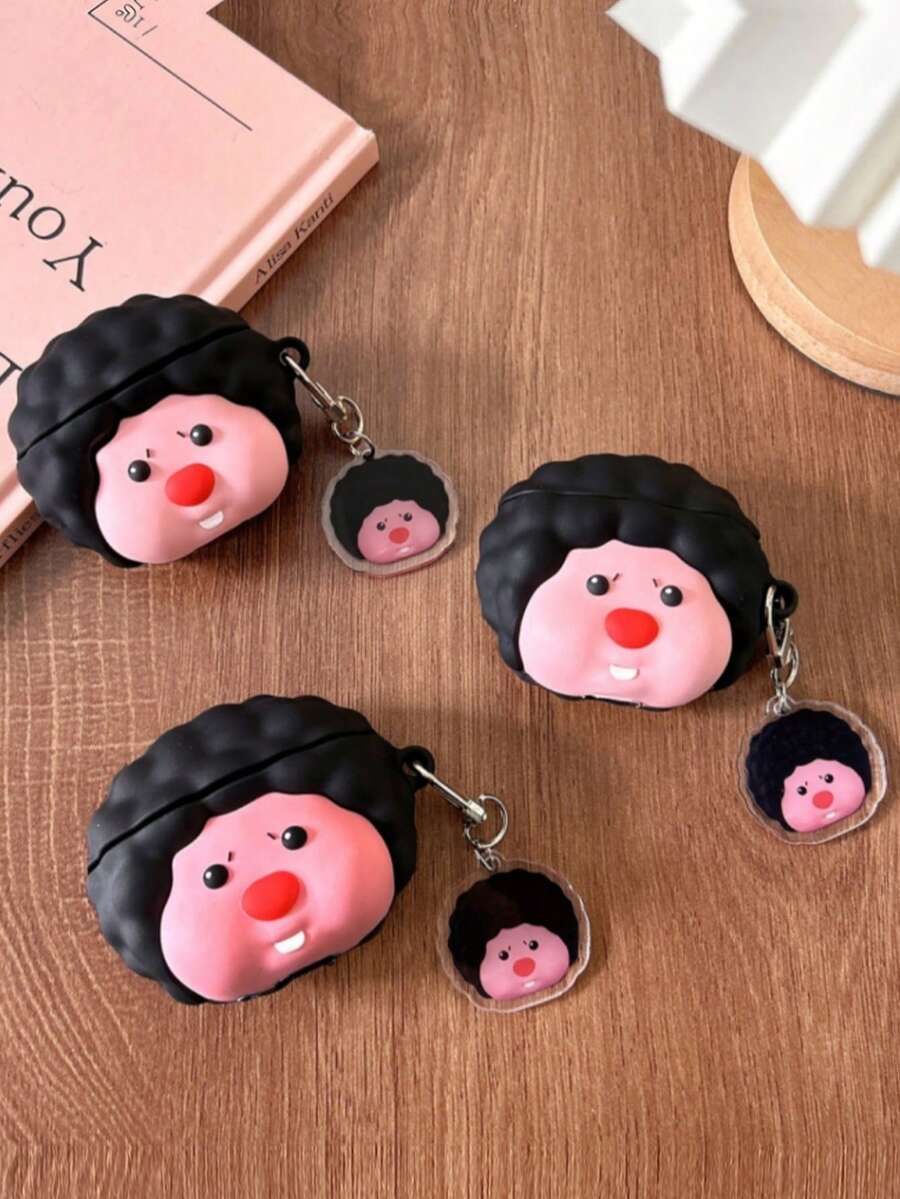 Cute Cartoon Hedgehog With Pendant Compatible With AirPods 1/2/3, Pro 1/2, Soft Silicone Protective Case, Creative Niche Anti-Drop Couples Earphone Box (Earphones Not Included) - Black and Pink - View 1