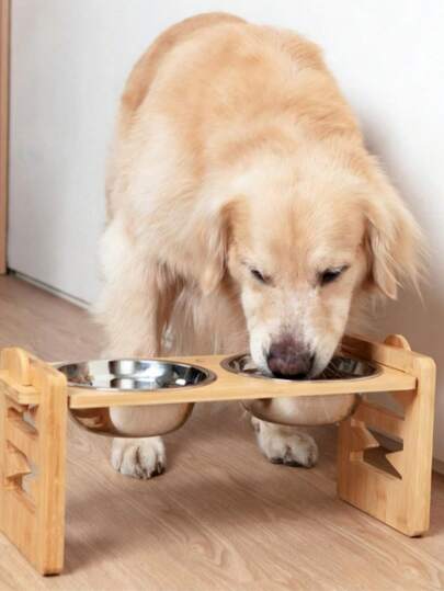 Soporte ajustable de bambú y madera para tazones de mascotas, tazones dobles elevados antiderrame, adecuado para perros y gatos medianos/pequeños, soporte decorativo para tazones de mascotas para el hogar