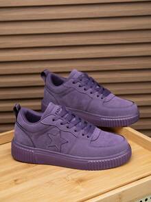 2026 Women's Sweet Style Pink Suede Sneakers With Star Decoration Lace-Up Thick Sole Comfortable Casual Shoes For Daily Wear Fashionable Girl - 紫色 - 查看 7