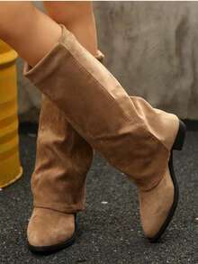 Suede Knee-High Boots For Autumn/Winter, French Style With Chunky Heel And Pointed Toe. Ref 9002 - Beige - View 10