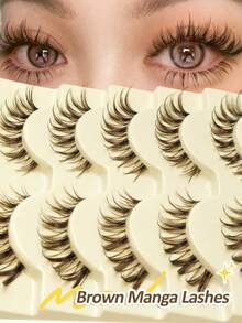 Rikuaild 5 Pairs Cartoon Brown False Eyelashes, Natural Curly Soft Hair Anime Style Lashes, Transparent With Natural Makeup Look, Cat Eye Design, Reusable - Spiky Manga Lashes - View 2