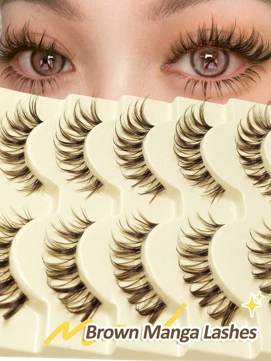 Rikuaild 5 Pairs Cartoon Brown False Eyelashes, Natural Curly Soft Hair Anime Style Lashes, Transparent With Natural Makeup Look, Cat Eye Design, Reusable