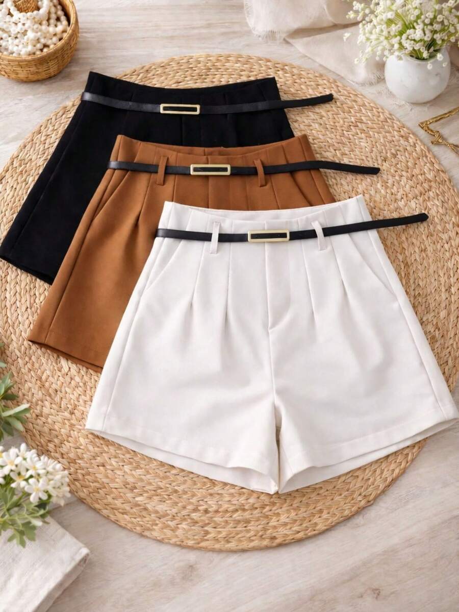 Set Of 3 Plus Size Tailored Shorts For Women With Belt - Summer 2026 - đen/nâu/trắng - Xem 1