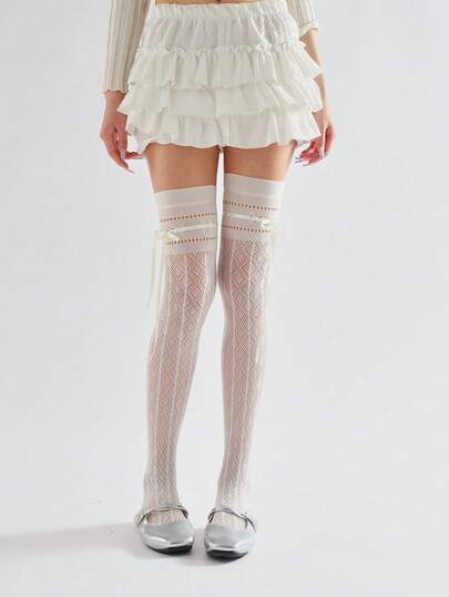 Vintage Coffee Color Ribbon French Lace Hollow Over-The-Knee Socks, Thin Slimming High Tube Stockings, High Elasticity Thigh-High Leg Warmers