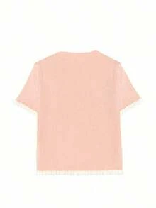 Women's Summer Button Ear Design Beige Knit Top, Elegant Casual Short Sleeve Knit Sweater, Suitable For Dates And Daily Wear - 粉色 - 查看 5