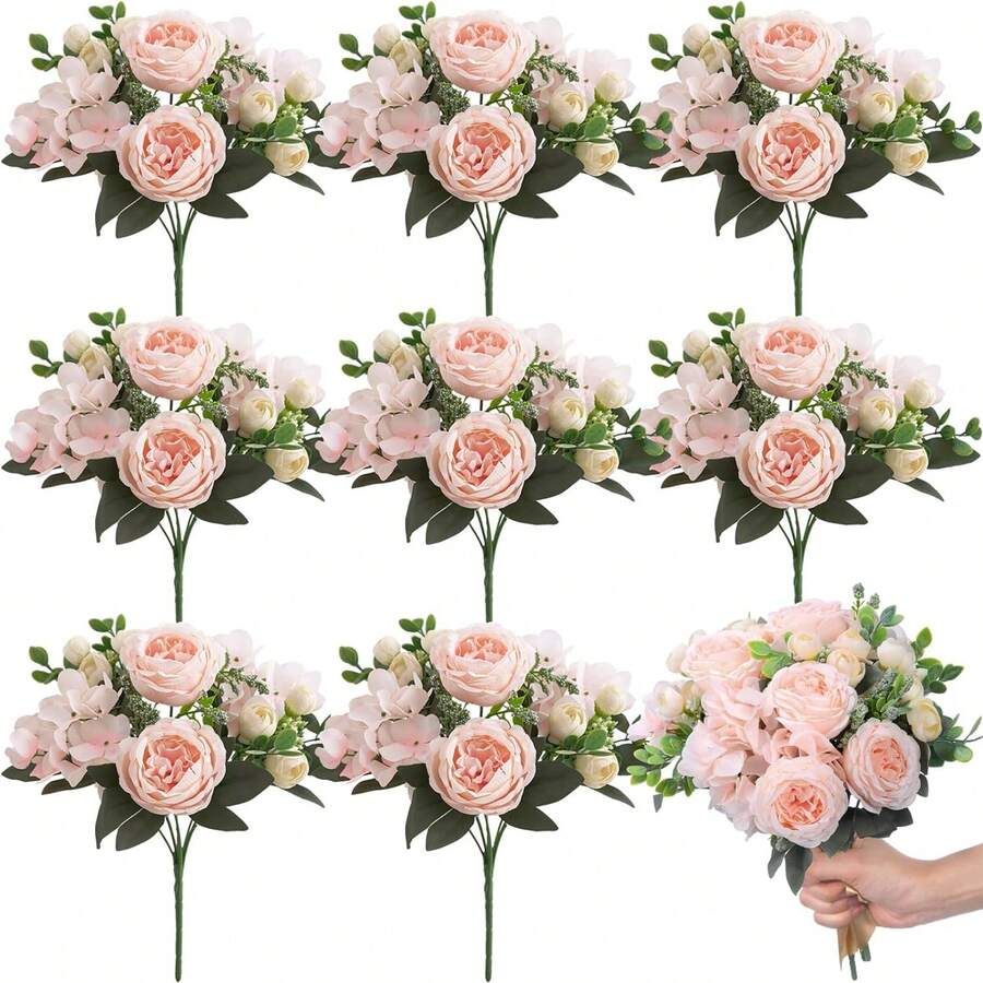 1/3 Piezas Ramo artificial de hortensias rosas, peonías y rosas de seda, para decoración del hogar, bodas, ramos de novia, Día de San Valentín, regalo - Rosa Pálido - Ver 1