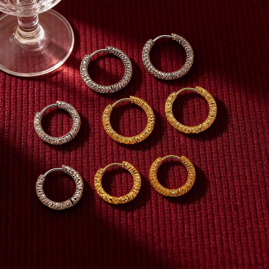1Pc/6Pcs 304 Stainless Steel Textured Hoop Earrings, Gold & Silver Huggie Hoops For Jewelry Wear - earrings - View 1