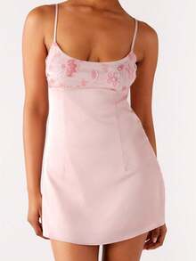Vestido mini de tirantes finos con cuello cuadrado y bordado de flores y lentejuelas para mujer - Rosa - Ver 1