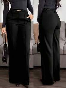 Jessfin Solid Color Zippered Pocket Suit Fabric Straight Leg Pants, Waistband-Less, Commuting Elegant Office Casual Versatile, Spring/Summer - Black - View 8