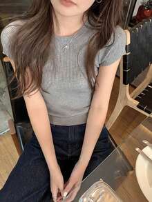 女士休闲修身纯色圆领灰色针织短袖上衣，夏季 - 淺灰色 - 查看 3