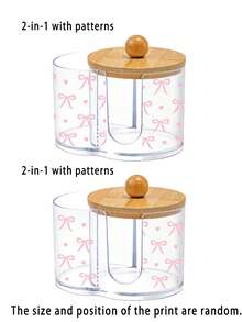 迷你粉色蝴蝶结图案二合一竹盖透明塑料收纳盒，桌面化妆品收纳盒，带双圆孔，透明双隔层化妆品收纳盒，现代梳妆台收纳盒，浴室柜收纳盒，适用于化妆刷、口红等。 - 彩色 - 查看 8