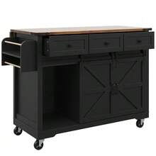Wyspa kuchenna, wózek do serwowania z wysuwanym blatem, wózek kuchenny z kółkami, szafka kuchenna z 2 drzwiami przesuwnymi i 3 szufladami, wózek na żywność z wykończeniem w kolorze drewna, szafka kuchenna - Czarne - Zobacz 9