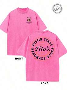 NUDEA 1pc Valentine's Day, Tito's Handmade Vodka Print Washed Oversized Graphic Tee, Retro, Casual, Suitable For Date Night Women Outfit, Going Out Tops Women, Party Outfits - Hot Pink - View 18