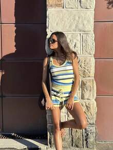 Lubi Women's Summer Versatile Striped Sleeveless Camisole With U-Neck And Drawstring Shorts 2-Piece Soft Knit Set, Minimalist Casual Retro Style Suitable For Daily, Commuting, Beach Vacation - Multicolor - View 6