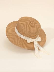 Sombrero de sol para bebé niña, sombrero de playa con lazo de encaje estilo princesa para niños, sombrero de sol plegable con protección UV para la playa - Caqui - Ver 2