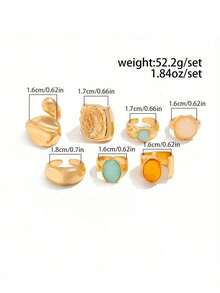6pcs Vintage Elegant Bohemian Style Women Irregular Pleated Colorful Gemstone, Cat Eye Stone, Sunflower, Heart Shaped Multi-Element Combination Metal Ring Set, Suitable For Women's Daily, Party, Wedding, Holiday, Valentine's Day, Date Wear, Gift (Random Delivery) - 金色 - 查看 2