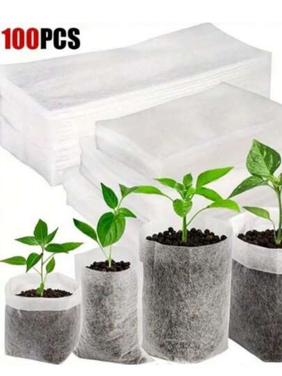 100 túi trồng cây, bộ dụng cụ ươm hạt bằng vải không dệt cho rau, hoa và cây con, phụ kiện làm vườn thoáng khí và chống thấm nước, màu trắng, lý tưởng cho làm vườn trong nhà/ngoài trời, ươm giống | Làm vườn tiện dụng | Chậu trồng cây nhẹ