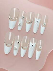 30 pièces Faux ongles à presser, ongles longs stilettos, ongles mignons et simples, ongles décoratifs de perles, ongles français, ongles Y2Y, faux ongles brillants à couverture intégrale pour usage quotidien, réutilisables pour femmes, faciles à porter et à retirer, équipés de colle de gelée et de fournitures pour limer les ongles, convient pour les fêtes, les danses, etc. - Blanc - Voir 2