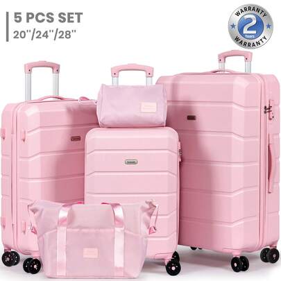 Luggage Sets Of 5 Piece, Lightweight Trolley Travel Suitcase Set ABS Hard Shell With 4 Spinner Wheels TSA Lock For Man Women, 21" + 24" + 28"+ Duffels Bag & Toiletry Bag-Pink