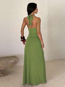 Solid Color Elegant Sexy High Slit Backless Halter Dress, Suitable For Weddings, Back-To-School Parties, Beach Vacations, Summer - Green - View 3