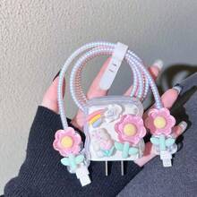 5pcs Set, Compatible With Apple 18W/20W Original Charging Cable Protective Case, Transparent Floral Design, Rabbit Protective Cover, Includes Strap, Ideal Small Gift, Convenient Storage - Multicolor - View 11