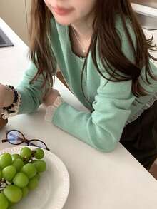 可爱蕾丝边饰甜美温柔优雅纯色圆领针织开衫 - 薄荷綠 - 查看 8