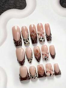 10pcs Champagne Rhinestone Nail Art Set. Includes Water Drop French Press-On Nails, Elegant Brown Flower Decals, Bow Nail Jewelry, Leopard Print Gel Nail Stickers, With Nail Tools (1 Jelly Sticker + 1 Nail File). Available In 3 Shapes: Almond, Duck Mouth, Coffin. Suitable For Autumn/Winter, Gatherings, Daily Wear, Parties Nail Supplies Handmade Press On Nails - 多色 2 - 查看 10