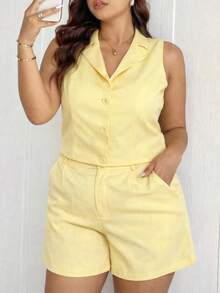 MICHLEE Women's Plus Size Set With Sleeveless Vest And Tailored Shorts - 黃1 - 查看 2