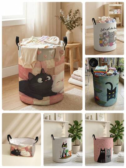1个卡通猫咪图案可折叠大容量圆形收纳篮，带提手，多用途收纳箱，适用于婴儿房、尿布、衣物、玩具等收纳，可折叠收纳盒