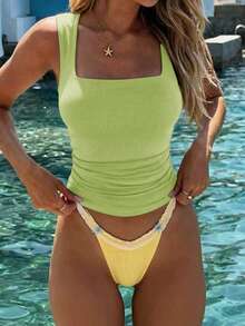 Vaiaye Women's Solid Color Square Neck Fitted Casual Camisole, Minimalist Retro Solid Color Vest, Summer Fashion Backless Knit Camisole, Casual Versatile, Suitable For Work Commute - Light Green - View 4