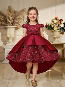 Young Girls' Solid Satin Embroidered Floral Bow Elegant Flower Girl Dress, Headband Not Included - Burgundy - View 1
