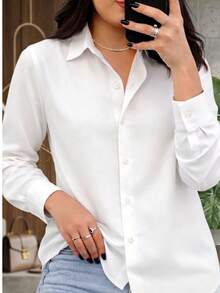 Women's Long-Sleeved Dress Shirt With Buttons - Basic, Comfortable, And Elegant - trắng - Xem 2