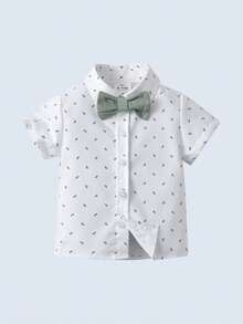 2pcs Baby Boys Gentleman Outfit Set: Short Sleeve Collared Shirt With Bow Tie And Overalls Shorts, Fashionable For Birthday Party, Wedding, Summer - Green - View 6