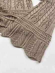 女士夏季沙滩度假镂空钩编系带长袖罩衫，百搭时尚甜美罩衫 - 卡其色 - 查看 6