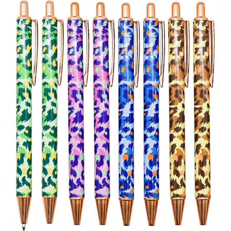 Bộ 8 bút bi kim loại họa tiết rằn ri - Bút bi in hình báo và hổ, kiểu dáng quân đội chiến thuật, mực đen, thích hợp cho nữ, cắm trại, văn phòng phẩm và trường học (Bộ bút bền đẹp) - A - Xem 1