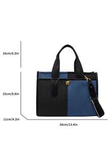 Este bolso de mano con doble asa es elegante, clásico y casual. Es espacioso, ligero y fácil de llevar. Su diseño cuadrado permite usarlo sobre el hombro. Esta bolsa de lona con estilo preppy presenta un diseño de bloques de color y tela lavada desgastada, lo que la convierte en un bolso de hombro/bolso de mano adecuado para viajes de compras, ir al trabajo, actividades al aire libre y uso en el campus. - Negro - Ver 2