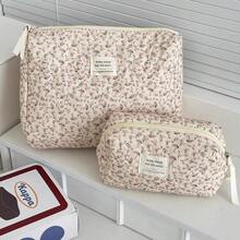 1pc Pink Floral Corduroy Makeup Bag, Multi-Functional Cosmetic Storage Pouch, Portable Makeup Organizer With Zipper, Suitable For Storing Cosmetics, Skincare, Lipstick, Makeup Brushes, Hand Cream, Earphones, Coins, Keys, For Home, Travel, Vacation And School Use - Nhiều màu - Xem 5