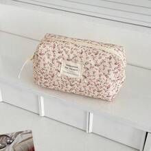1pc Pink Floral Corduroy Makeup Bag, Multi-Functional Cosmetic Storage Pouch, Portable Makeup Organizer With Zipper, Suitable For Storing Cosmetics, Skincare, Lipstick, Makeup Brushes, Hand Cream, Earphones, Coins, Keys, For Home, Travel, Vacation And School Use - Nhiều màu - Xem 4