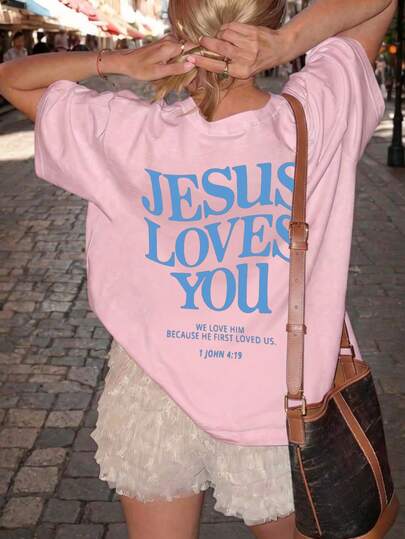 Women's Summer New Letter Print Round-Neck Short-Sleeved T-Shirt, Casual Loose Versatile Top, Stylish Daily Wear Pink