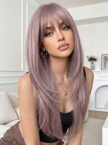 26 Zoll langes, stufiges Perücke in Rosé-Grau mit Pony - hitzebeständiges synthetisches Haar, natürlich aussehendes synthetisches Haarteil für täglichen Gebrauch, für Frauen geeignet für Partys und den Alltag - Verschiedenfarbig - Übersicht 3
