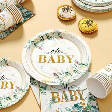 桉树绿箔纸“Oh Baby”一次性餐盘、餐巾纸和杯子套装，可供16位客人使用，适合生日、婚礼、派对、家庭野餐等场合。 - 款式3 - 查看 4